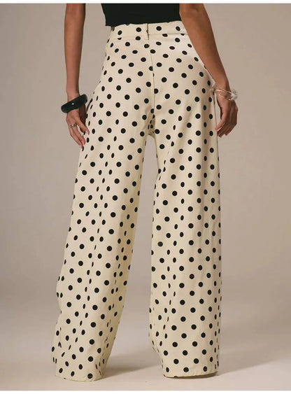 Spring Autumn High Wasit Jeans Pants Women 2026 Fashion Vintage Polka Dot Print Wide Legging Denim Trousers Bottoms Casual