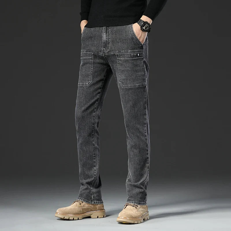 6 Pocket Design Denim Jeans Men's 2025 New High Elasticity Denim Casual Trousers Straight Male Pants Fashion Mid-waist Jeans