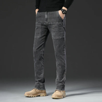 6 Pocket Design Denim Jeans Men's 2025 New High Elasticity Denim Casual Trousers Straight Male Pants Fashion Mid-waist Jeans