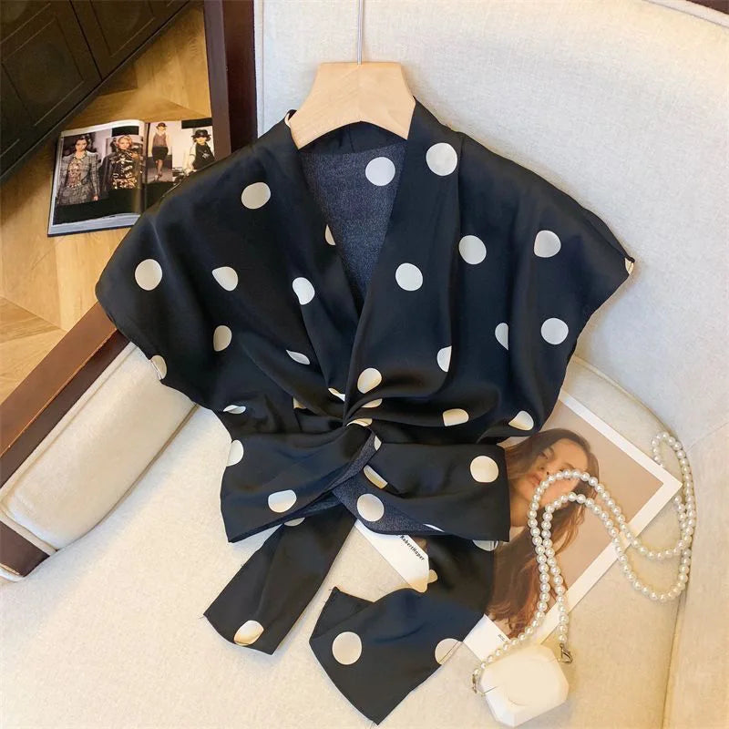 Sexy Cropped Dot Shirt Women Vintage Slim V Neck Short Sleeve Design Blouse French Retro Casual Bow Lace Up Summer Elegant Tops