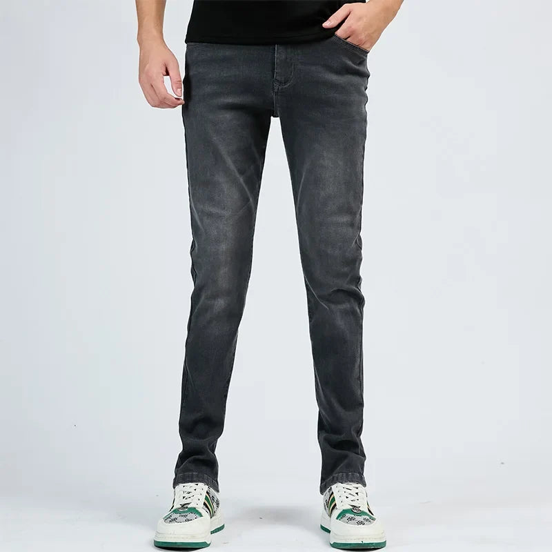 2025 Autumn New Men's Slim Elastic Jeans Fashion Korean Small Straight Pencil Pants Soft Comfortable Casual Green Denim Pants