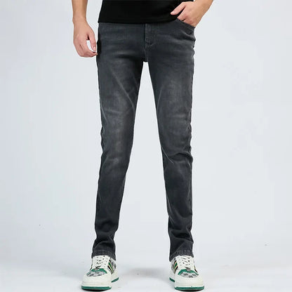 2025 Autumn New Men's Slim Elastic Jeans Fashion Korean Small Straight Pencil Pants Soft Comfortable Casual Green Denim Pants