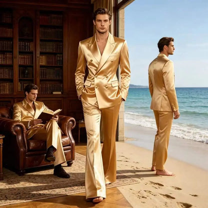 Men's Double Breasted Satin Suit Set 2 Piece Notch Lapel Gold Button Blazer Flare Pants Formal Wedding Prom Party Groom Outfit