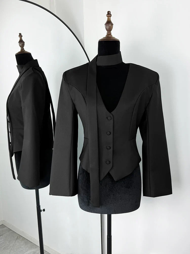 Single Breasted Coat Women's V Neck Scarf With Long Sleeve Waist-Cinching Blazer Jacket Lady Casual Slim Commute Coat