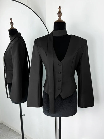 Single Breasted Coat Women's V Neck Scarf With Long Sleeve Waist-Cinching Blazer Jacket Lady Casual Slim Commute Coat