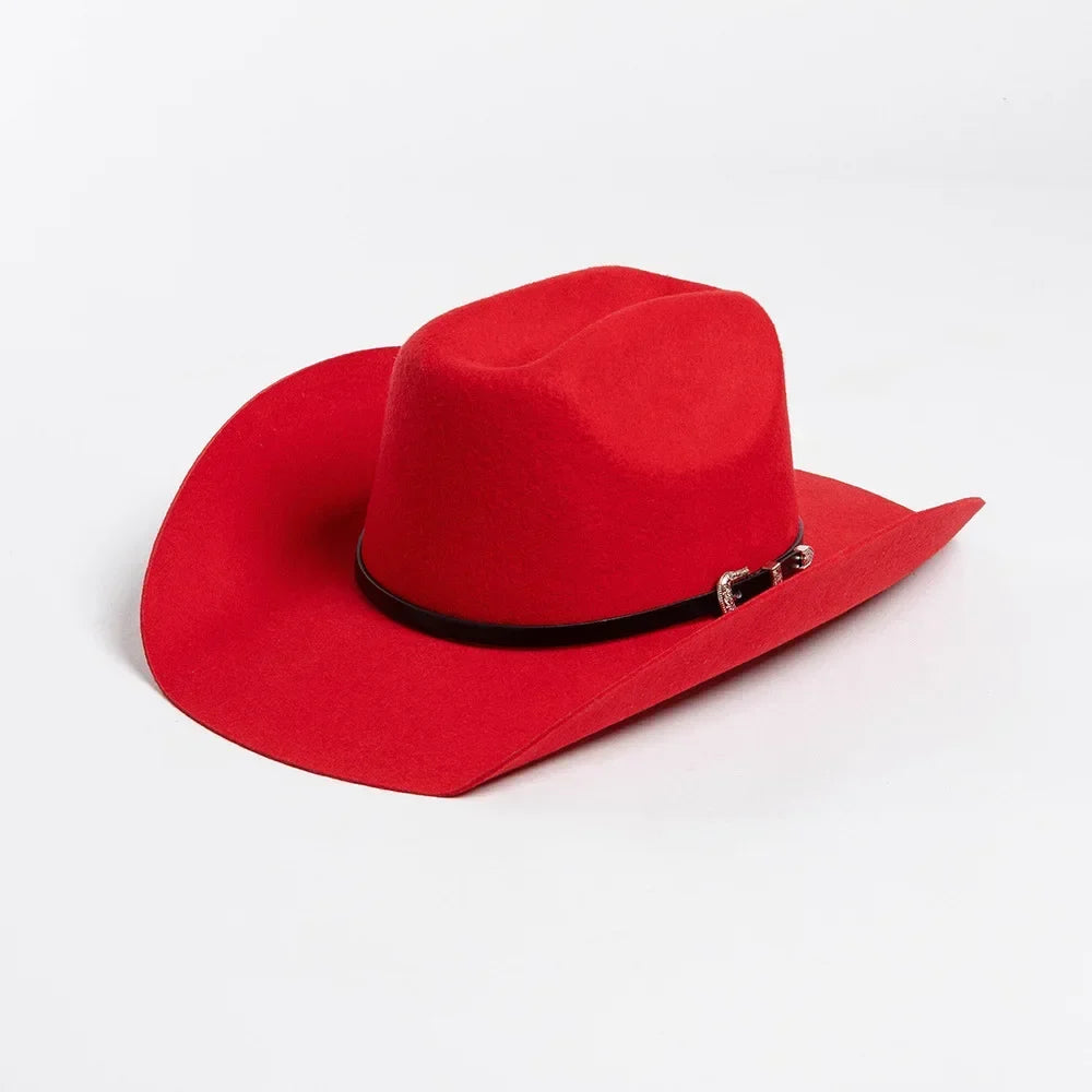 New Autumn Winter Women Fedoras with Belt Buckle Wide Brim Rolled Wool Cowboy Hat M L Size Obtainable