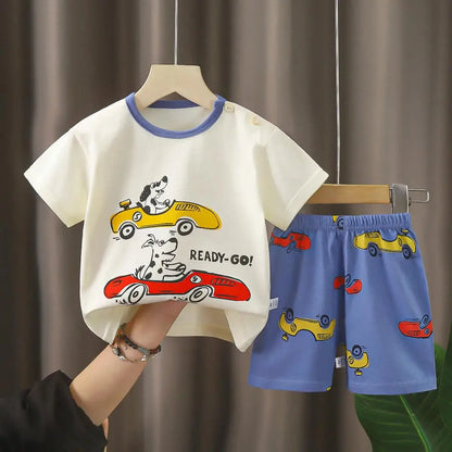Child Short Sleeve Suits Summer Pure Cotton Tshirt Shorts 2 Piece Set 2024 Toddler New Style Short Sleeve Cartoon Tees+Shorts