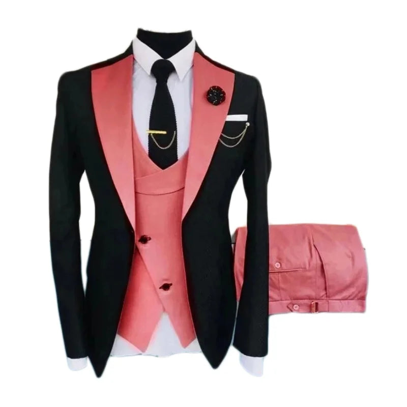 Men Suits 3 Pieces Tailored Best Man Groom Wedding Tuxedo Slim Fit Jacquard Two-color Blazer Jacket  Vest Pants Tuxedo Clothing