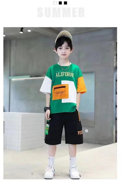 Summer Boys Clothes Sets Teenager Casual Outfits Kids Print T-shirt +Shorts 2Pcs Children Short Sleeve Tracksuit Suits 5-12 Year