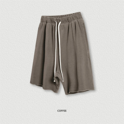 New Summer Men Retro Washed Shorts Unisex Drawstring Loose Edge 420gsm Solid Knee Length Cotton Pants Streetwears HY0589
