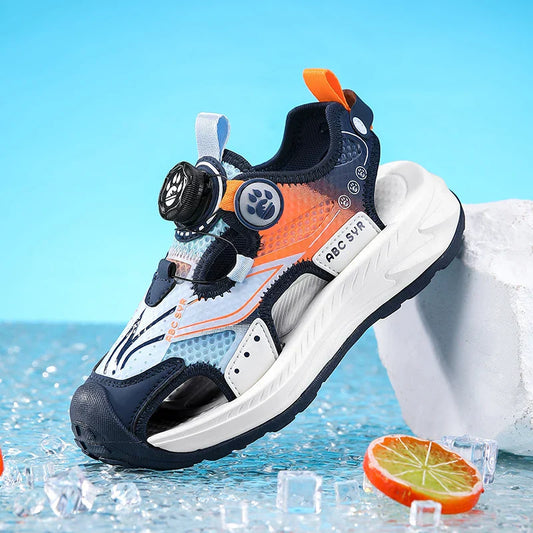 Kids Rotating Button Closed-Toe Sandals, Breathable Mesh Sport Shoes for Boys, Non-Slip Adjustable Summer Beach Sneakers