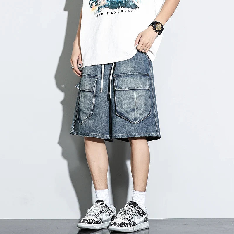 Bermuda Men's Denim Shorts Summer New Fashion Loose Jeans Casual Vintage Drawstring Cargo Short Pants Male Streetwear