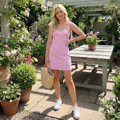 Women Fashion Solid Lace Up Backless Zipper Mini Dress Vintage Straps Square Collar Female Chic Lady Dresses