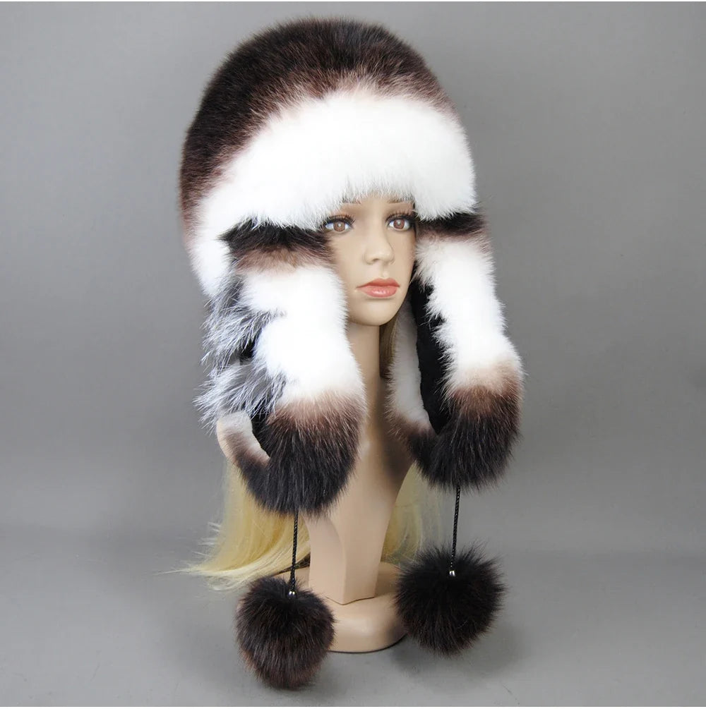 Hot Sale Lady Winter Warm Luxury 100% Natural Fox Fur Hat Fashion Fluffy Fox Fur Rex Rabbit Fur Caps Women Real Fur Bomber Hats
