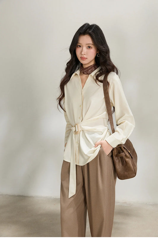 Women's Lapel Collar Long Sleeve Shirt 2026 Spring with Belted Waist Casual Loose Soft Beige Shirt Office Lady MXF13C2452