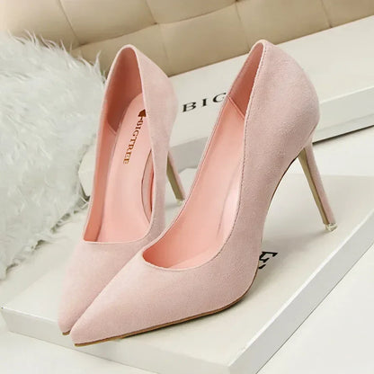 Women Elegant Flock Orange Purple Evening Banquet Party Pumps Lady Classic Scarpin New Burgundy 9cm High Heels Shoes Plus Size