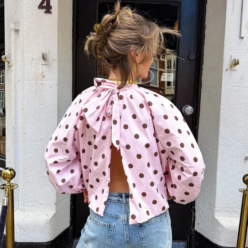 Elegant Women's Polka Dot Backless Bow Lace Up Blouses Loose Pleated Turtleneck Lantern Sleeve Shirts 2026 Spring Casual Tops