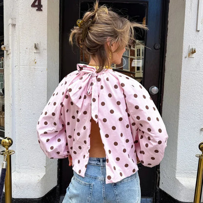 Elegant Women's Polka Dot Backless Bow Lace Up Blouses Loose Pleated Turtleneck Lantern Sleeve Shirts 2026 Spring Casual Tops