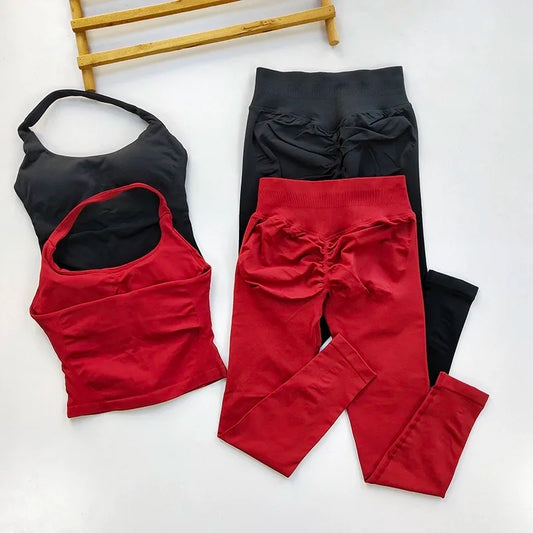 Fitness Set, Long Halter Neck Back-Shaping Leggings, High-Waisted Butt-Lifting Breathable Training Pants for Women