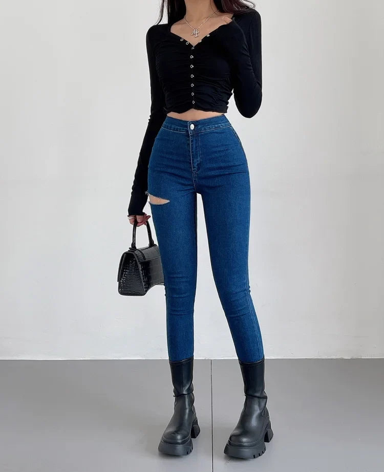 American Spicy Girls Sexy Hole Jeans Slim High Waist Elastic Feet Pencil Pants Trousers Fashion Women BOF8
