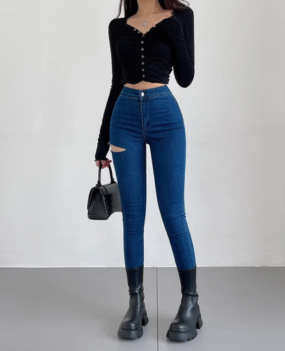 American Spicy Girls Sexy Hole Jeans Slim High Waist Elastic Feet Pencil Pants Trousers Fashion Women BOF8
