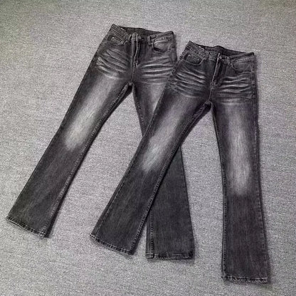 High Street Washed Black Grey Jeans Men Summer Slimming Tall Micro Flared Pants Youth Trendy Long Jeans High Waist