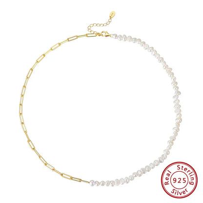 14K Gold 925 Sterling Silver Pearl Necklace with 3-4mm Handmade Natural Baroque Pearl Tiny Chain for Women GPN19