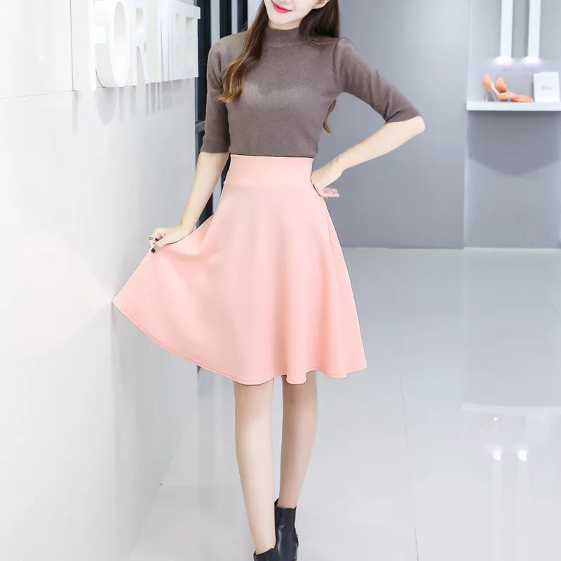 55cm Long Skirt Women's High Waist Knee Sun Half Skirt Fashion Versatile Black Casual Clothing Fluffy Pleated Skirts No Shorts