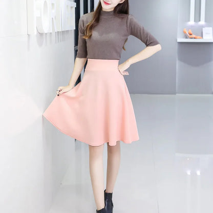 55cm Long Skirt Women's High Waist Knee Sun Half Skirt Fashion Versatile Black Casual Clothing Fluffy Pleated Skirts No Shorts