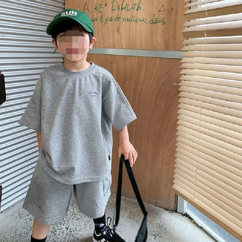 Summer Casual Boys Cotton Loose Alphabet T-shirt Tops+Short Pants Set School Kids Tracksuit Children 2-Piece Outfit Suit 2-14Yrs