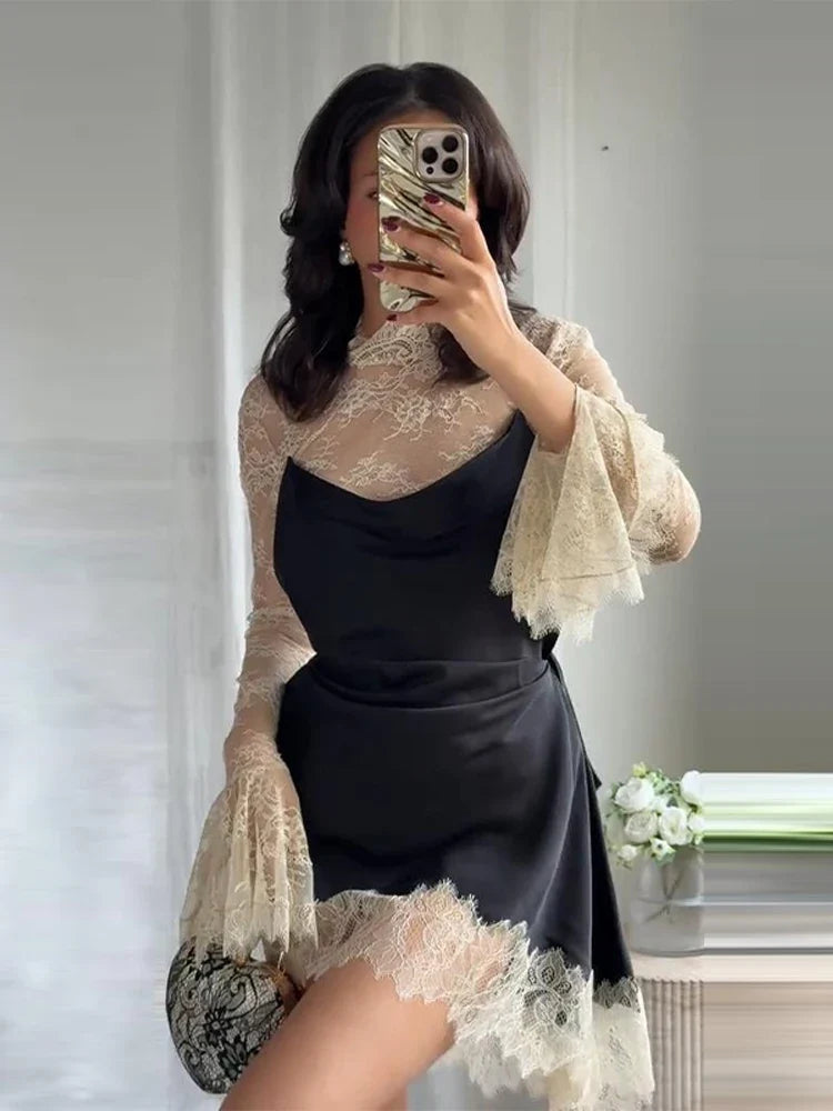 Elegant Lace Trim Satin Dress Women High Neck Color Block Full Sleeve Y2K Mini Dresses 2026 Spring Lady New Sexy Party Clubwear