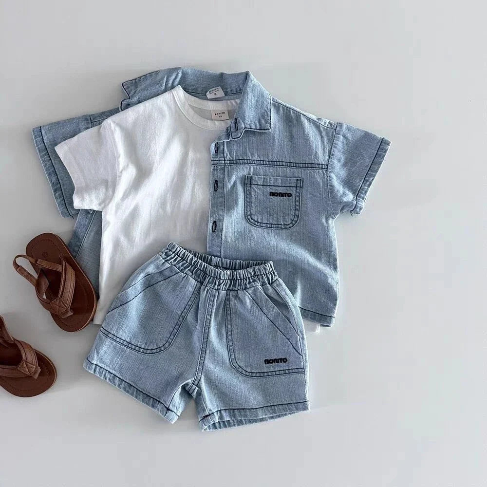 TZ2638 Korean Style Baby Boys Girls Short Sleeve Denim Shirt Shorts Set Summer Fashionable Cute Two-Piece Outfit for Toddlers
