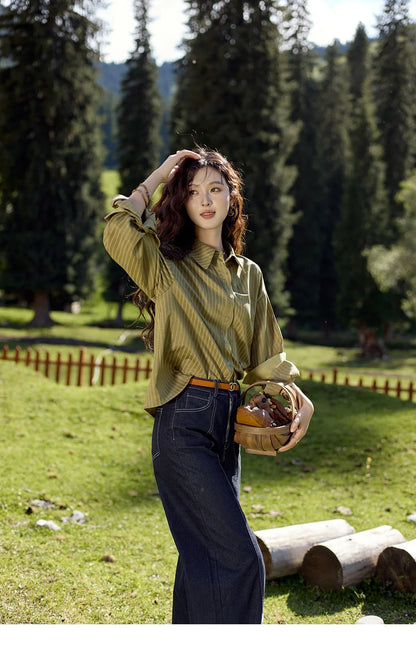 Striped Casual Shirt for Women 2024 Autumn Retro Lapel Long Sleeve Top Contrasting Cuffs Shirts Office Lady MXD42C0301