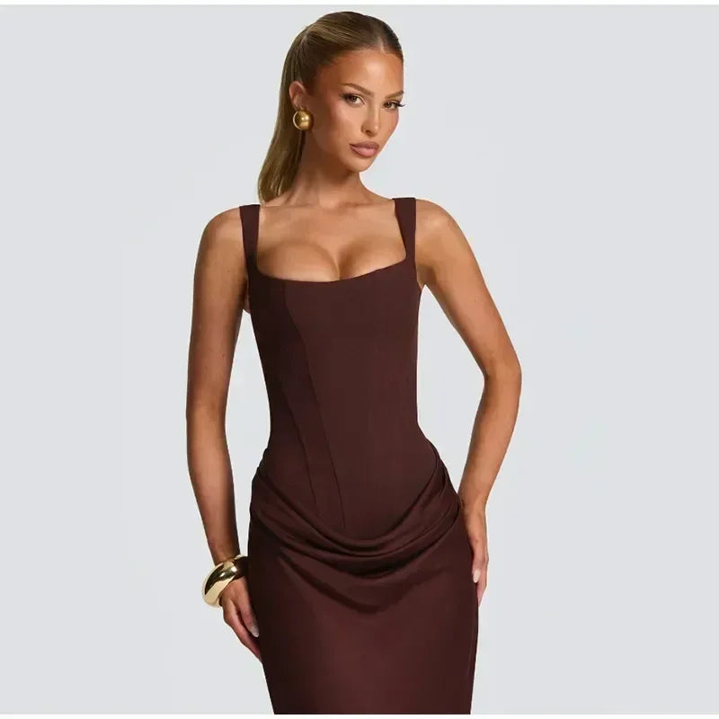 Sexy Square-neck Halter Long Dress Women 2025 Pleated Sleeveless Backless High Waist Bodycon Dresses New Summer Lady Party Gowns