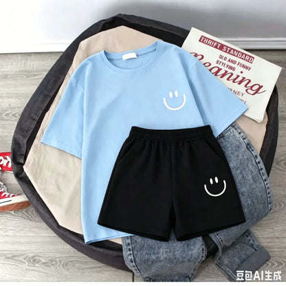 2026 New Summer Smiling Face Print Kids T-shirt Set Short-sleeved Pure Cotton Loose Basic Versatile Cool Simple Kids Outfit Tops