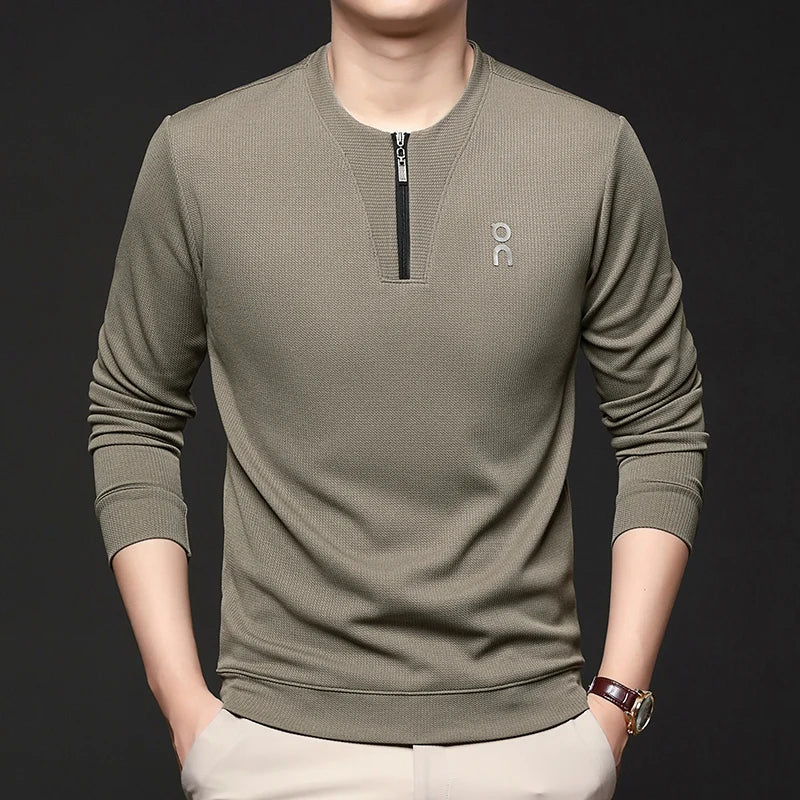 Long Sleeved T-shirt Sweatshirt Men's Autumn New Item Business Casual Skin Friendly Elastic Top Men's Zipper Bottom Shirt