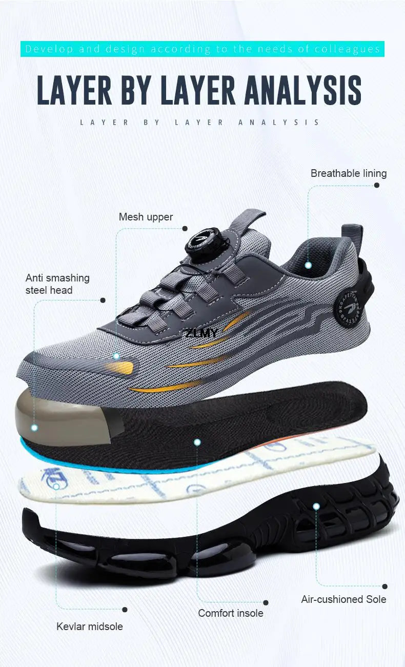 Rotary Button Safety Shoes Men Steel Toe Sneakers Puncture Proof Work Safety Boots Air Cushion Sport Work Shoes Anti-smash Boots