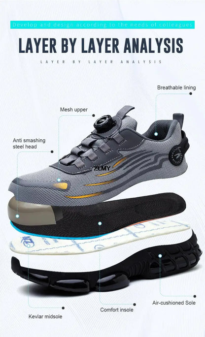 Rotary Button Safety Shoes Men Steel Toe Sneakers Puncture Proof Work Safety Boots Air Cushion Sport Work Shoes Anti-smash Boots