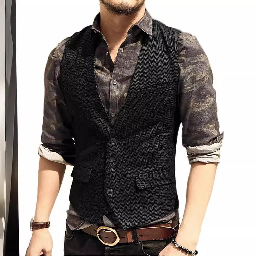 Black Men's Blazer Vest Euro Size Vintage Vests Man Single Breasted Outerwear Men's Suits Vest Spring Autumn Herringbone Vest