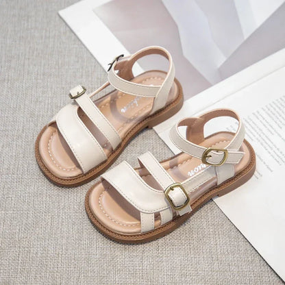 Girls Roman Sandals Open Toe Little Kids Leather Sandals with Buckle Open Toe Children Summer Beach Shoes Non-Slip Soft Sole