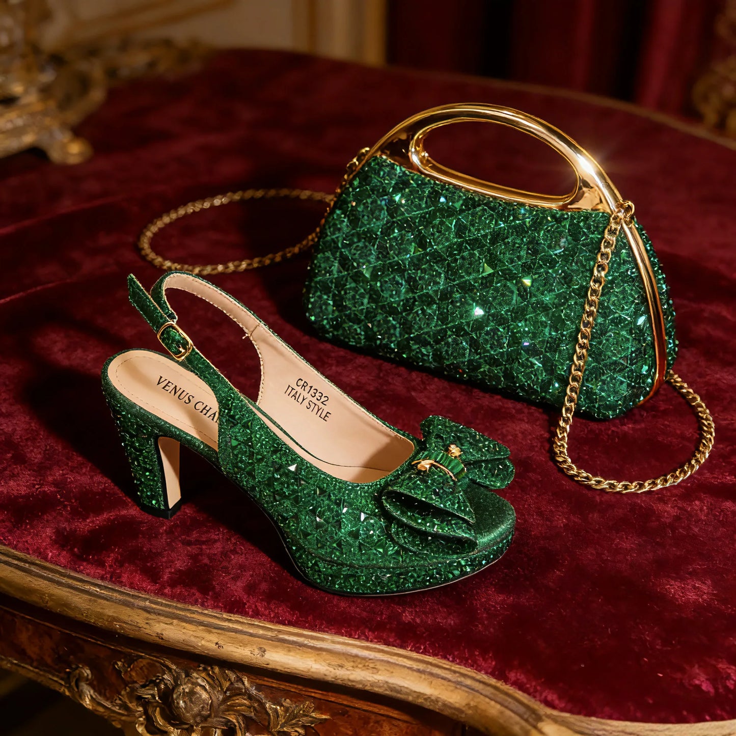 2026 Women’s Italian Gold High Heels with Rhinestone Detail & Matching Bag Set - Stylish Pointed Toe Design
