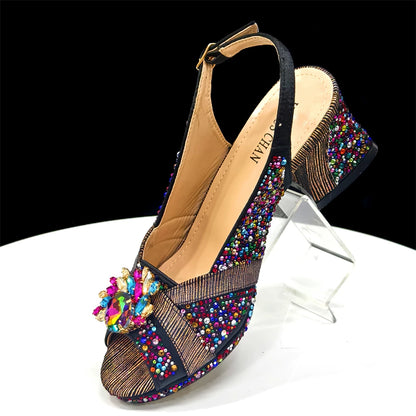 2025 Luxurious Italian Women's Party Shoe and Bag Set – Elegant Black Rhinestone Peep-Toe High Heels Sandals for Weddings