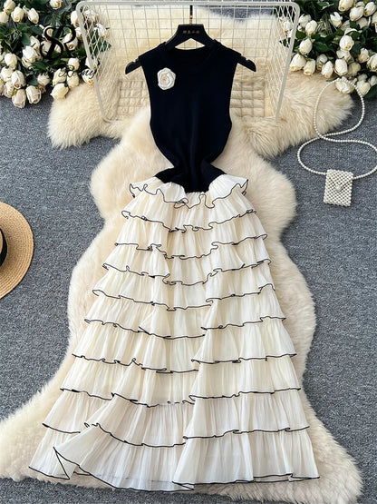 Autumn 3D Floral Spliced Long Dress 2025 Female O Neck Long Sleeves High Quality Slim Luxury Knitted Party Cake Dress