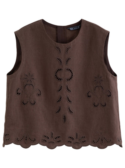 Summer Women Linen Two Piece Set Cut-Out Embroidered Sleeveless Top Midi Skirt Boho Beach Vacation Style