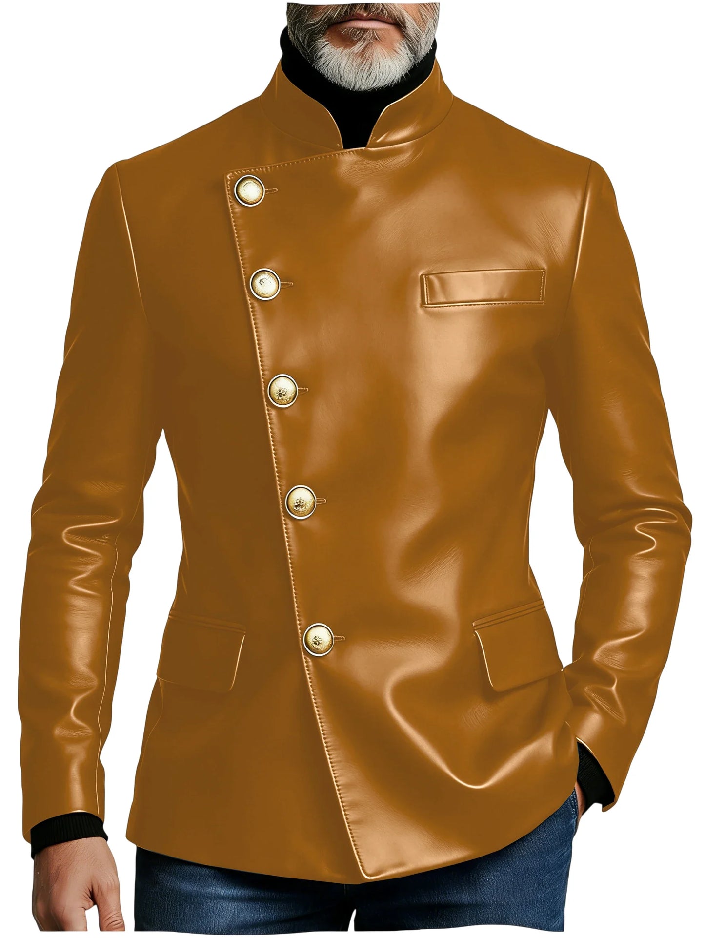 Vintage Men's PU Leather Blazer Slim Fit Double Breasted Stand Collar Jacket Gold Button Business Casual Wedding Prom Suit Coat