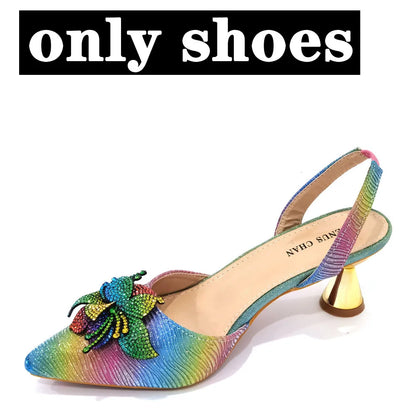 FASHION SHOE Sandals Women 2022 High Heels sexy Green Color Rhinestone Flowers Party Pumps Wedding Shoe and Matching Bag Set