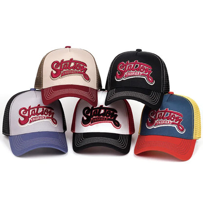 New Unisex American Locomotive Letter Embroidery Baseball Hats Sunshade Color Block Breathable Retro Trucker Caps Versatile Mesh