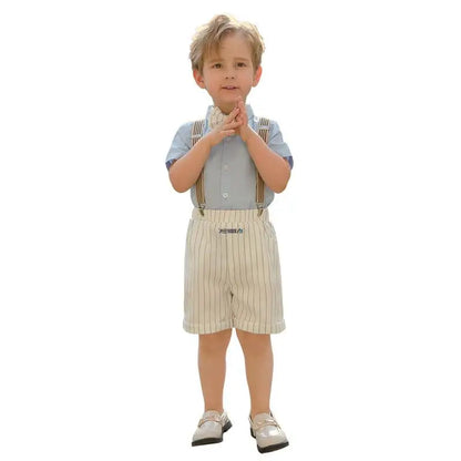Kids Formal Strap Shirt Shorts Bowtie Clothing Set Boys Summer Wedding Birthday Dress Children Piano Performance Dance Costume