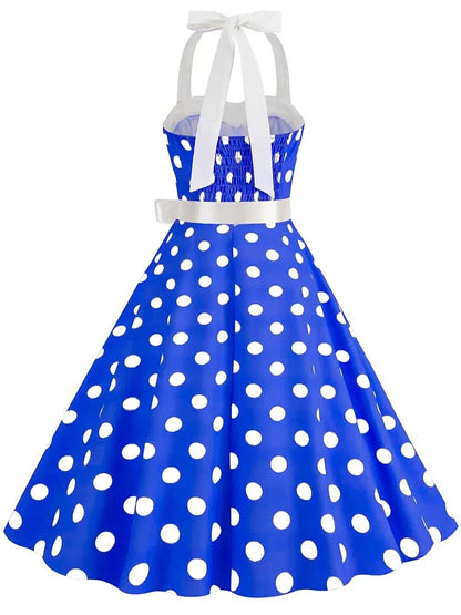 Women Summer Party Dress With Belt Polka Dot Print Halter Hepburn Robe 50s 60s Vintage Dresses