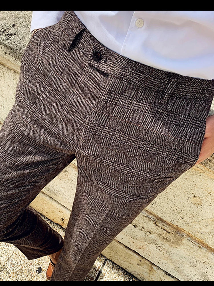 Boutique Classic Plaid and Striped Fashion Men's Casual Business Slim Suit Pants Groom Wedding Dress Trousers Party